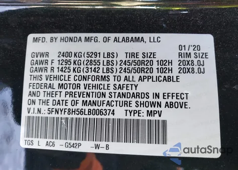 2020 Honda Passport Awd Ex-L from USA, damaged, VIN 5FNYF8H56LB006374